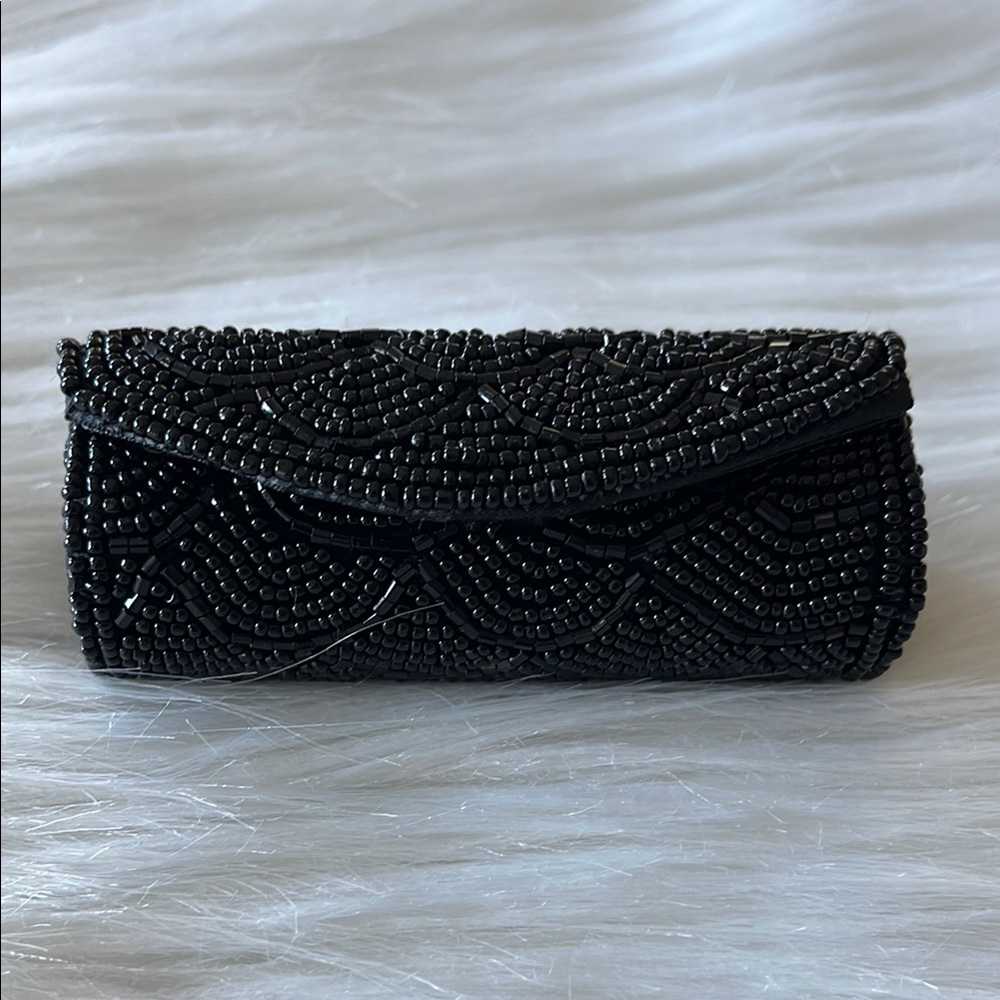 Elegant Black Beaded Lipstick Case with Mirror